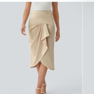 High Waisted Invisible Zipper Satin Midi Work Skirt
